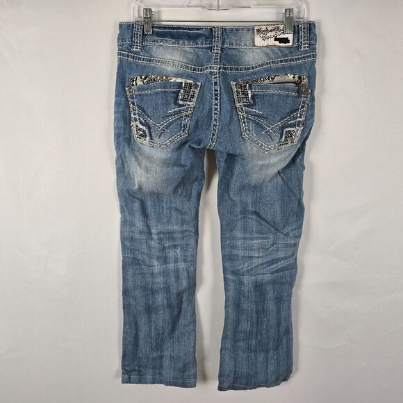 Rock and Roll Cowgirl Jeans Women's 29 x 32 ** Blue Low Rise Boot Cut Distressed - Picture 6 of 16